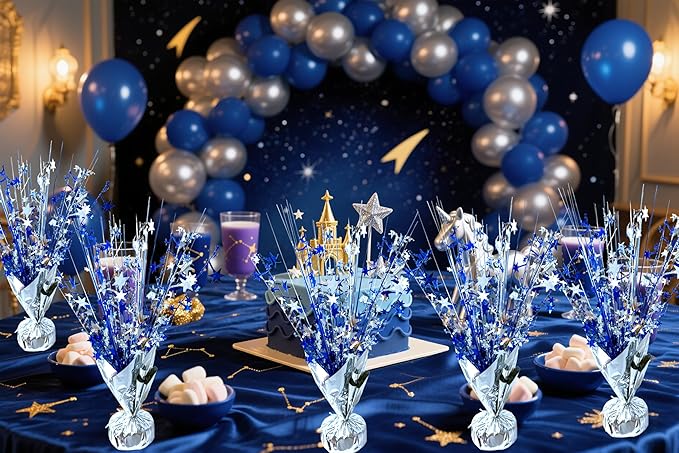 6 Pack Metallic Foil Spray Centerpiece Star Table Decoration Burst Table Centerpieces for Birthday Wedding Anniversary Graduation Holiday Party Supplies Decor, Silver Blue
