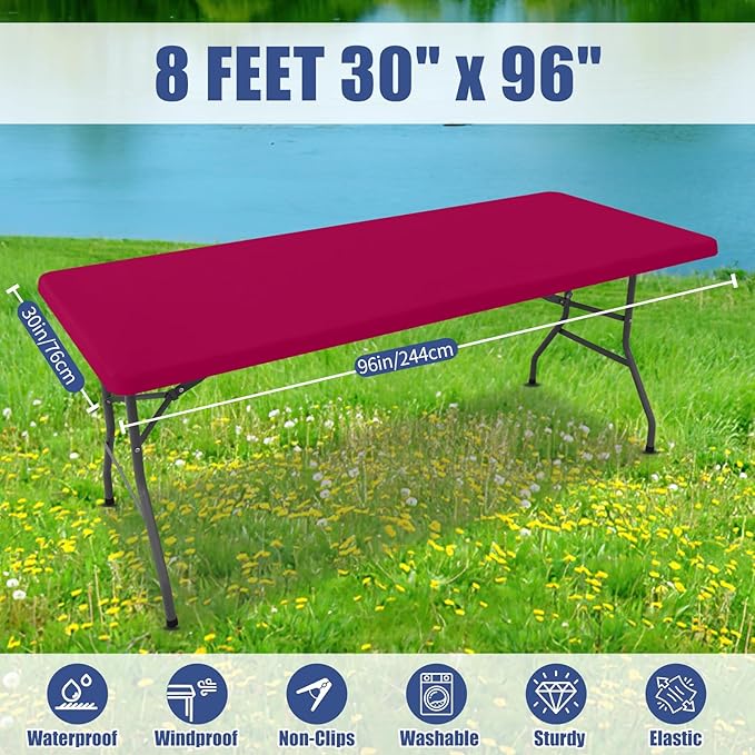 Spandex 8 Foot Rectangle Table Cloth 2 Pack, Elastic Fitted Tablecloths for Picnic, Stretch Washable Patio Table Cover for Outdoor, Camping, Banquet and Parties (Fuchsia, 30"x96")