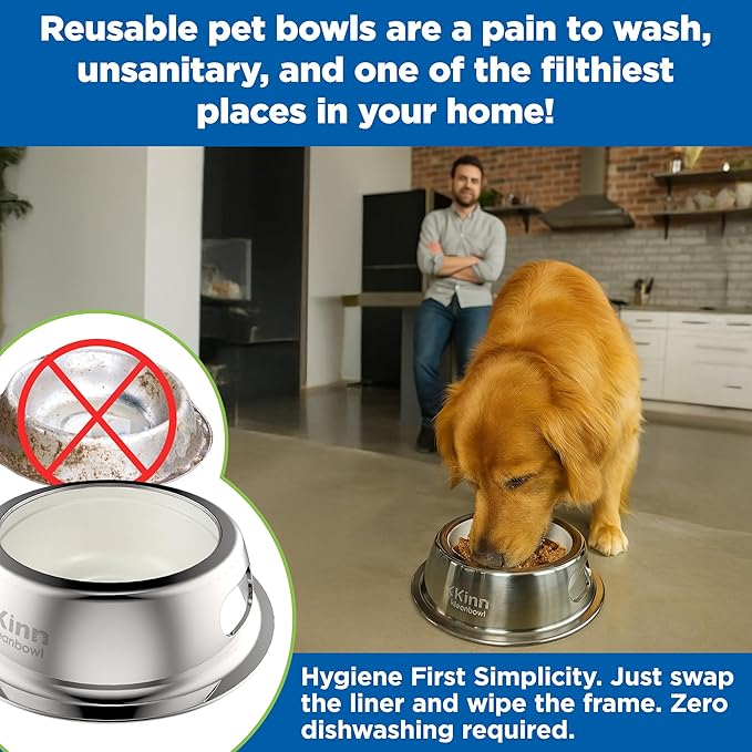 Kinn Kleanbowl Pet Bowl Stainless Steel Frame with Compostable Refills, 24 oz (Pack of 1) – Spill-Proof Stable Disposable Dog Bowls for Easy Cleaning and Healthy Pets, No Plastic