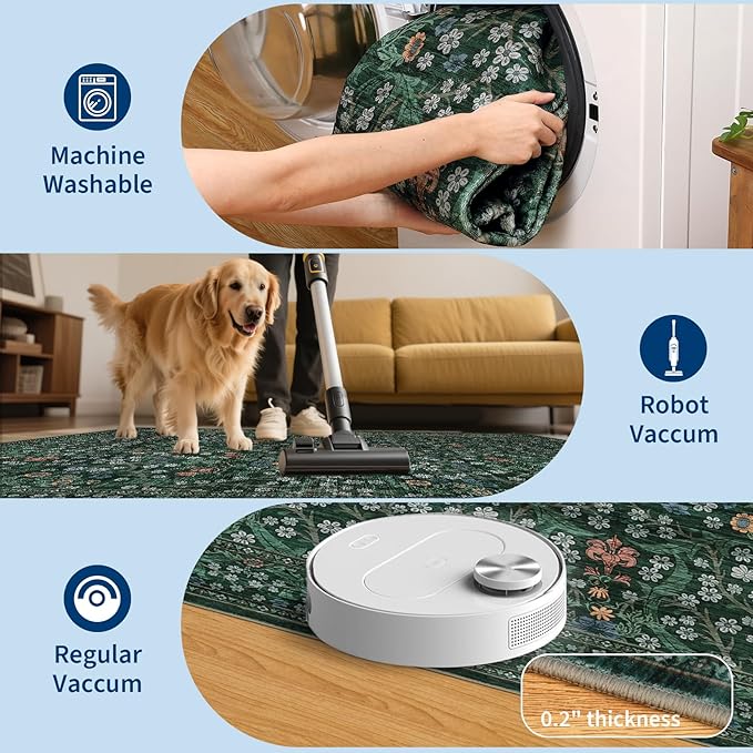 GarveeHome Washable Rug for Living Room, 8x10 Large Area Rug for Dining Room Under Table, Bedroom, Floral Soft Low Pile Non Slip Stain Resistant Carpet for Nursery, Playroom, Office, Dark Green