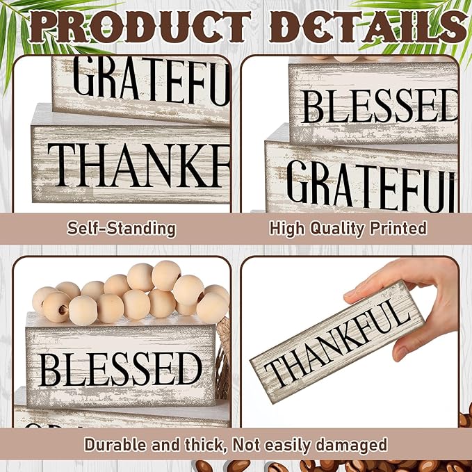 4 Pcs Farmhouse Wooden Tabletop Decor Farmhouse Tiered Tray Decor Rustic Retro Wood Bead Garland Blessed Grateful Thankful Block Sign Neutral Centerpiece Sign for Home Office Shelf Mantle