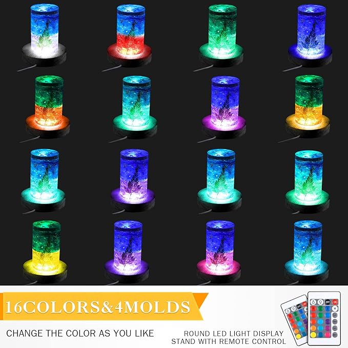 Riakrum 4 Pieces Wood LED Display Light Base Crystal Display Base Stand Remote Control Round 16 Lighting Modes Wooden Lighted Holder Colorful Pedestal for Crystal Glass Resin Ball(Black)