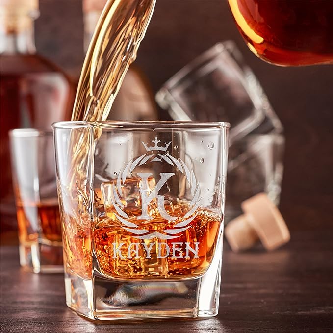 Customization Mill Set of 4, Monogrammed Whiskey Rocks Glasses w/Name & Initial - Whiskey Gifts for Men - 9 Designs - Personalized Bourbon Whiskey Glasses