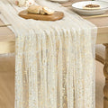 Artoid Mode Beige Gold Gauze Table Runner 59x120 Inch 10FT, Glitter Metallic Foil Sheer Dining Wedding Anniversary Holiday Birthday Table Decor for Home Party