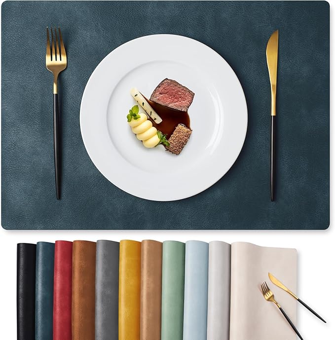 MOSAYT Vinyl Placemats Set of 12-12 X 17 Inch - Faux Leather 100% Waterproof Oil-Proof Wipeable PU Place Mats, Heat Resistant Reversible Table Mats for Kitchen, Dining, Outdoor (Navy Blue)