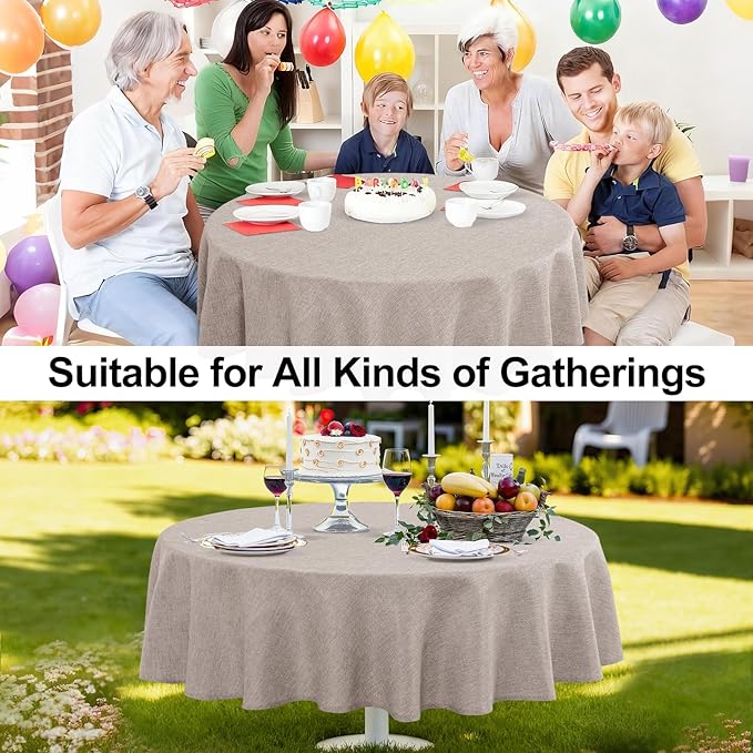 JIUZHEN Round Table Cloth Faux Linen Farmhouse Tablecloth Wrinkle and Stain Resistant Decorative Fabric Table Cover for Kitchen, Dining Room, Parties and Camping, Stone, 120 Inch Round
