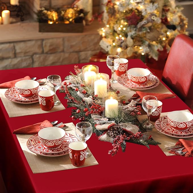 sancua Rectangle Tablecloth - 90 x 156 Inch - Water Resistant Spill Proof Washable Polyester Table Cloth, Decorative Fabric Table Cover for Dining Tables, Buffet Parties and Camping, Red