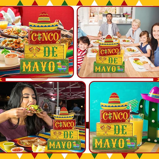 4 Pcs Cinco De Mayo Decorations Wooden Mexican Table Farmhouse Cinco De Mayo Tiered Tray Decor Fiesta Stacked Blocks Tabletop Decorative Book Mexican Centerpieces for Carnival Shelf Home