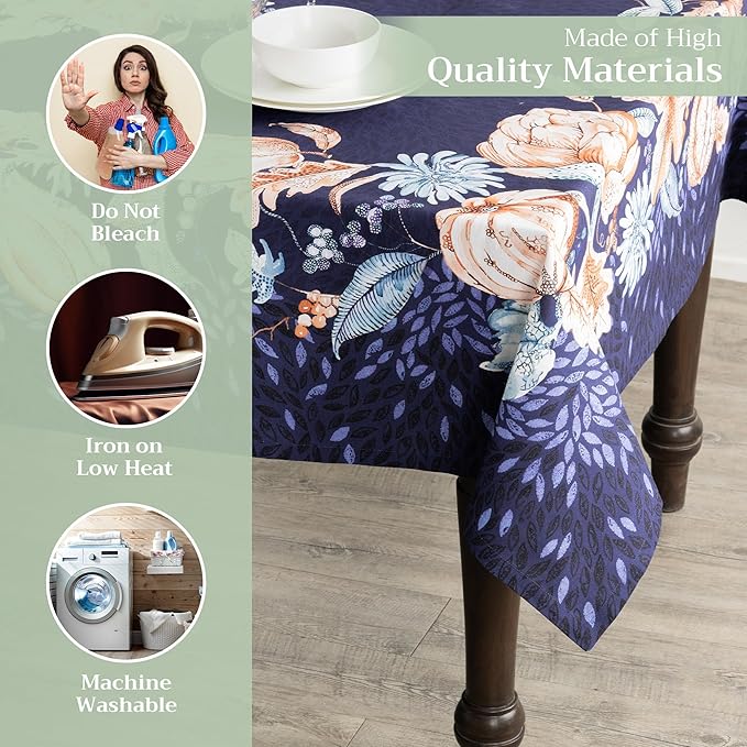 Maison d' Hermine Table Cloth Rectangle Table 100% Cotton 70 x 108 Inches Fall Tablecloth Reusable Everyday Use for Thanksgiving Christmas Decorations Dining Farmhouse Party (Pumpkin Blues)