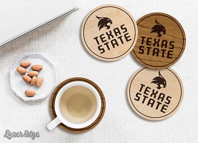LazerEdge Texas State Bobcats Wooden Coaster Set - Cherry Wood - Officially Licensed Product - 4-Pack