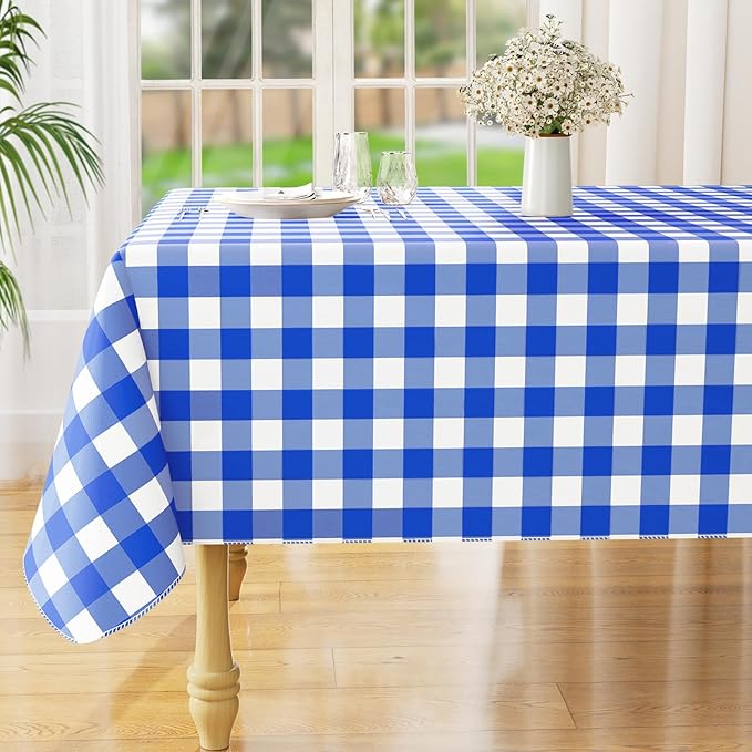 misaya Rectangle Waterproof Vinyl Table Cloth, Buffalo Flannel Backed Tablecloth, Wipeable Plastic Table Cover for Seaside, Picnic, Outdoor (60" x 84", White and Blue)