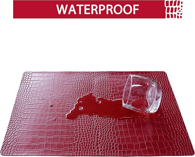 Jovono Faux Leather Placemats Set of 6, Waterproof Heat Resistant Dinner Place Mats for Dining Table, Non-Slip Crocodile Embossed, Red (17.8x11.8 Inch)