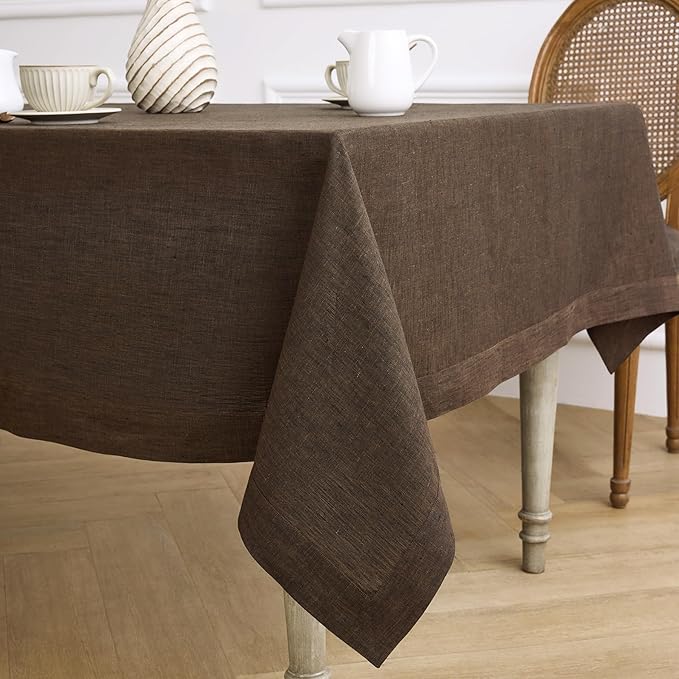 Solino Home Linen Tablecloth 60 x 90 Inch - 100% Pure Linen Chambray Brown Table Cloth for Rectangular Tables - Athena, Machine Washable Cloth Tablecloth