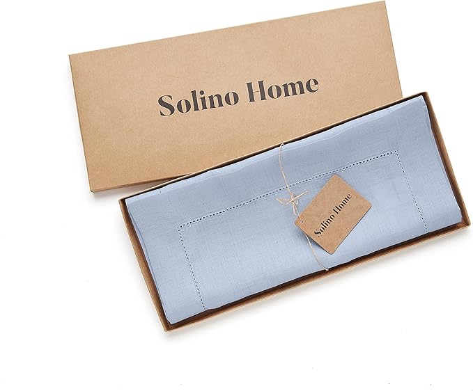 Solino Home Linen Sky Blue Table Runner 60 Inches - Classic Hemstitch, 100% Pure Linen Coffee Table Runner 14 x 60 Inch Ideal for Dresser Tables - Spring, Easter