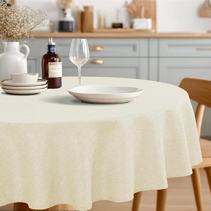 JIUZHEN Round Table Cloth Faux Linen Farmhouse Tablecloth Wrinkle and Stain Resistant Decorative Fabric Table Cover for Kitchen, Dining Room, Parties and Camping, Champagne, 90 Inch Round