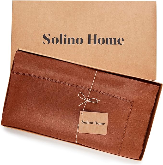 Solino Home Linen Cinnamon Tablecloth 60 x 120 Inch - Classic Hemstitch, 100% Pure Linen Rectangular Tablecloth - Machine Washable Table Cloth for Winter