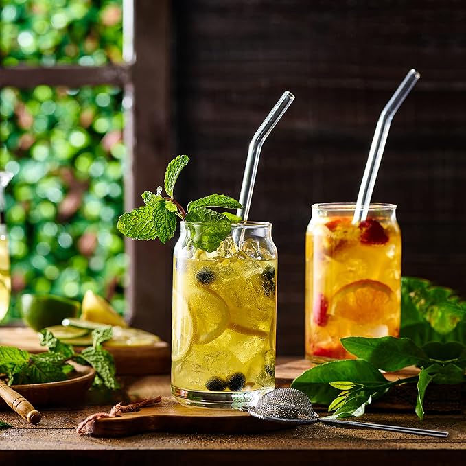 Le'raze Set of 4 Patented Can Shaped® Drinking Glasses with Glass Straws - 16oz Iced Coffee & Tea Glass Cups, Clear Whiskey Soda Tumblers, Beer Glasses.