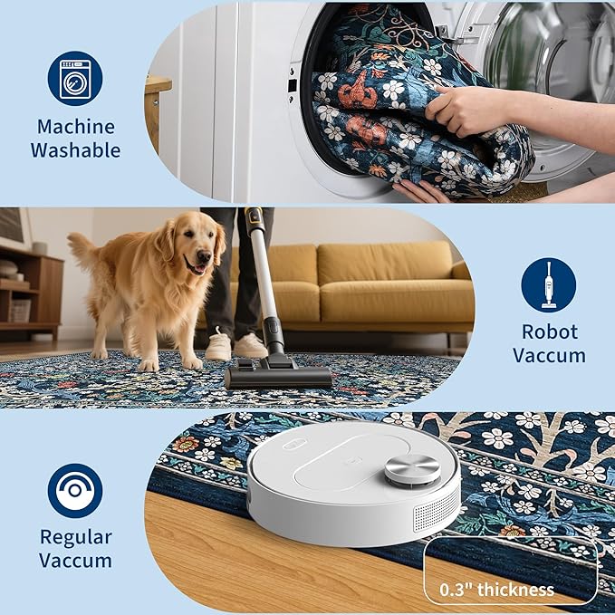 GarveeHome Dark Blue Floral 4 ft Round Rug Washable Non-Slip Soft Low Pile Small Circle Carpet Vintage Rugs for Kitchen Bedroom Nursery Dining Living Room