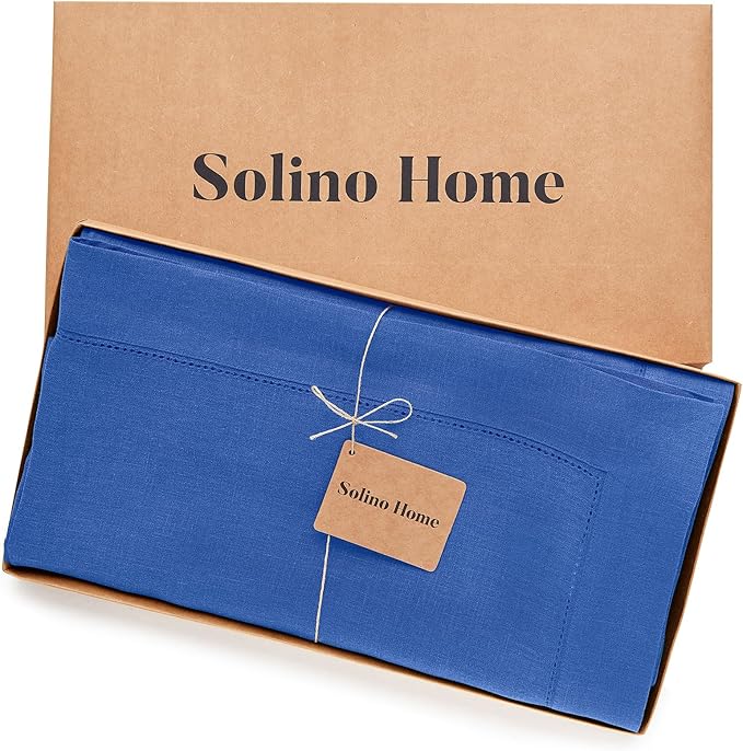 Solino Home Royal Blue Linen Tablecloth 54 x 72 Inch - 100% Pure Linen Hemstitch Table Cloth for Rectangle Tables - Classic Hemstitch, Machine Washable Tablecloth for Spring