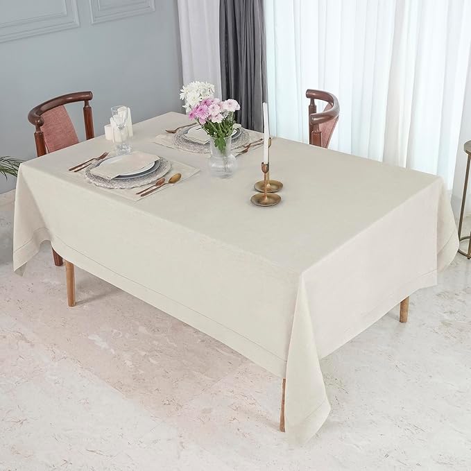 D'Moksha Homes Light Natural Linen Tablecloth for Rectangle Tables 60 x 84 Inch - Classic Hemstitch 100% Pure Linen Natural Table Cloth - Machine Washable Dining Tablecloth for Valentines, Easter