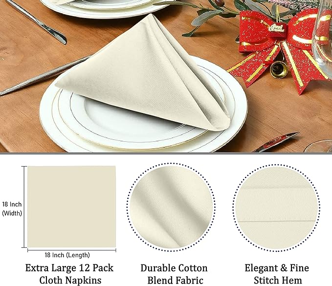 Ruvanti Cloth Napkins Set of 12, 18x18 Inches Napkins Cloth Washable, Soft, Durable, Absorbent, Cotton Blend. Table Dinner Napkins Cloth for Hotel, Lunch, Restaurants, Wedding Parties - Ivory/Cream