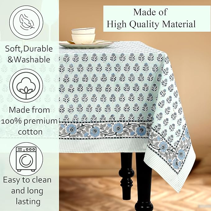 CPC Tablecloth 100% Cotton 60x90 Inch Indian Block Print Rectangle Table Cover, Washable Table Cloth for Weddings, Spring/Summer, Barbeque - Poppy Blue