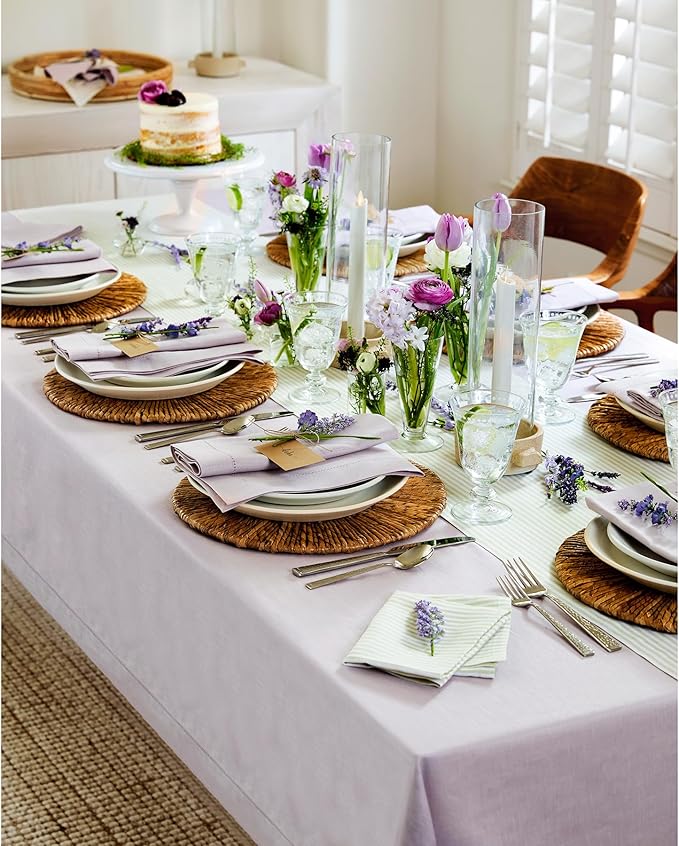 Solino Home Lilac Linen Tablecloth 60 x 90 Inch - 100% Pure Linen Hemstitch Table Cloth for Rectangle Tables - Classic Hemstitch, Machine Washable Tablecloth for Valentines, Spring, Easter