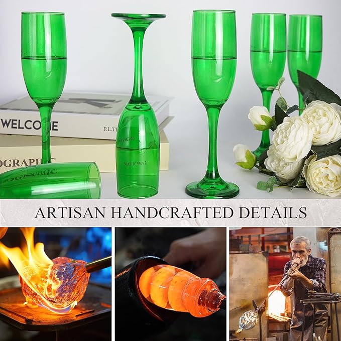Champagne Flutes Glasses Set of 6-6oz Elegant Green Champagne Glass, Unique Green Colored Long stem Champagne Flute Gift for Wedding, Anniversaries, Parties, Birthday, Restaurant, Home Bar