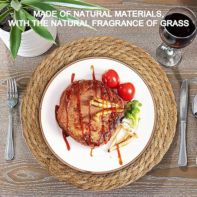 Defined Deco Woven Placemats Set of 4,12" Round Rattan Placemats,Natural Hand-Woven Water Hyacinth Placemats,Farmhouse Weave Place Mats,Rustic Braided Wicker Table Mats for Dining Table,Home,Wedding.