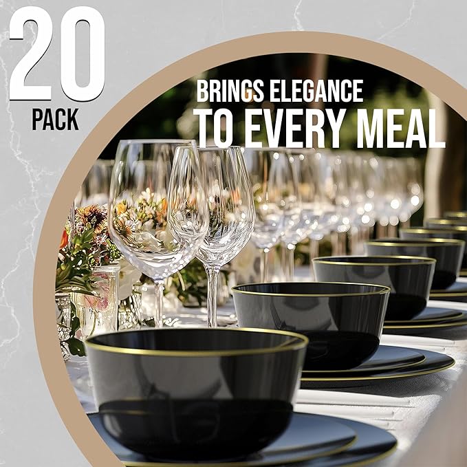 Trendables Plastic Bowls Disposable Bowls 24 Oz Bowl Set Of 20 Black Gold Rimmed Fancy Plastic Serving Dishes Perfect for Parties and Events Disposable Candy Bowl