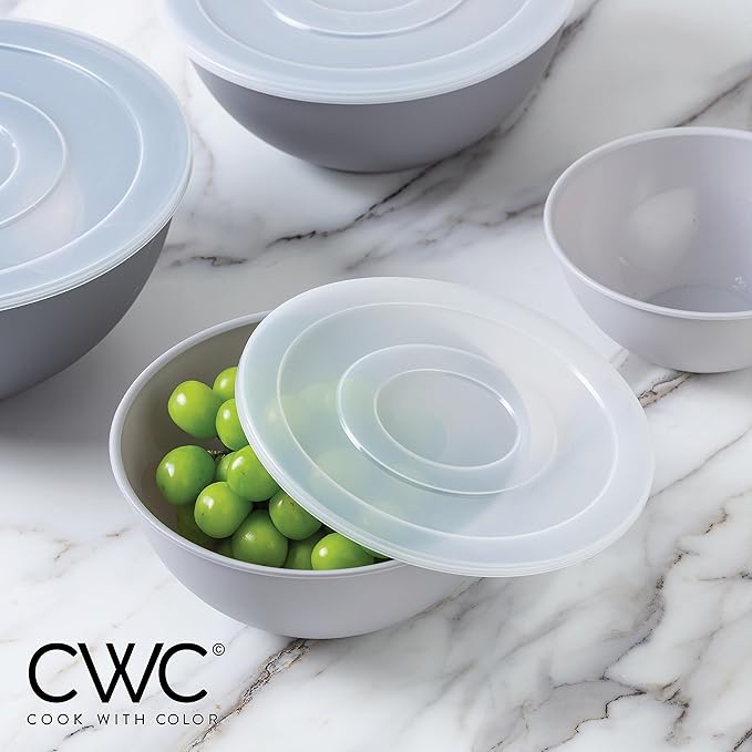COOK WITH COLOR Plastic Nesting Mixing Bowls Set - 12 Piece includes 6 Prep Bowls and 6 Lids, Microwave Safe (Gray Ombre)