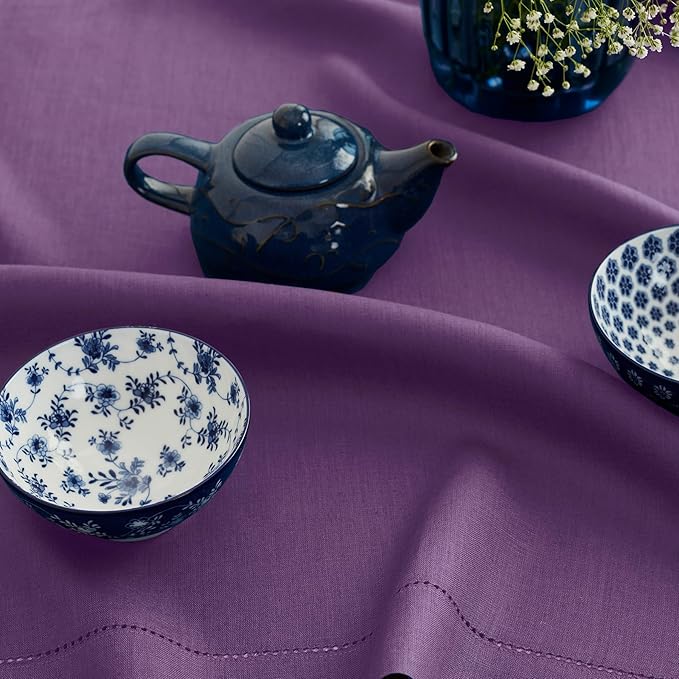 Solino Home Linen Tablecloth for Rectangle Tables 60 x 156 Inch - Classic Hemstitch 100% Pure Linen Purple Table Cloth - Machine Washable Cloth Tablecloth for Valentines, Spring, Easter