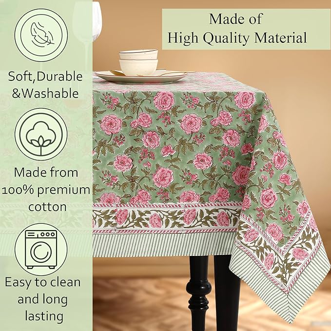 CPC Tablecloth 100% Cotton 60x90 Inch Indian Block Print Rectangle Table Cover, Washable Table Cloth for Weddings, Spring/Summer, Barbeque - Pink Tourmaline