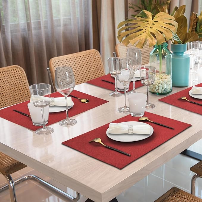 Cloth Placemats Set of 4, Cotton Linen Blend Machine Washable Double Layered Durable Place Mats Heat Resistant Placemats Wrinkle Free Thick Fabric Dining Table Mats (Red, 4)