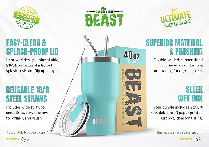 Beast 40 oz Tumbler Stainless Steel Vacuum Insulated Coffee Ice Cup Double Wall Travel Flask (Aquamarine Blue)