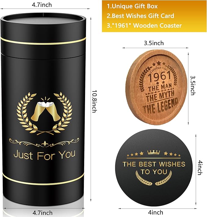 65th Birthday Beer Glasses Gifts, Personalized '1961' Vintage Glass Ware Set for Men, Black Gift Package with Drinking Glass, Coaster, and Card for 65 Years Old Man