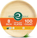 ECO SOUL Palm Leaf Plates 8"(100 Count) Round Compostable Bamboo Plates Heavy- Duty, Biodegradable Eco-Friendly Dinnerware for Christmas Party Dinner, Wedding, Holiday & Event