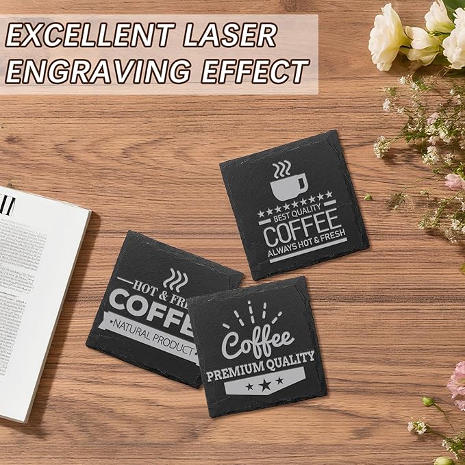 48 PCS Slate Coasters Black Square 4 Inch Bulk Rock, Blank Laser Engraving, Scratch Resistant Bottom, Home Office Kitchen Gift Wedding Bar Party Square Coasters