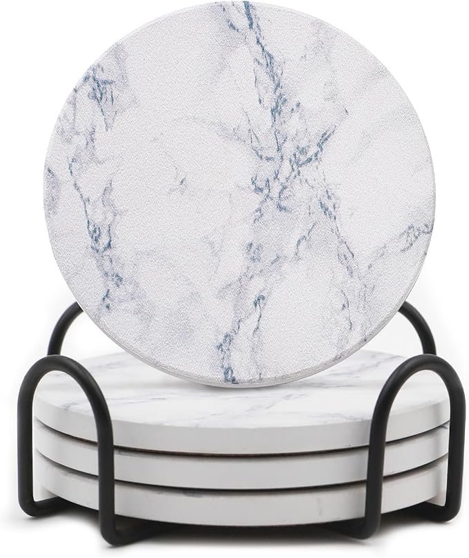 LIFVER Absorbent Coaster Sets of 4, Drink Coasters with Holder, White Marble Style Ceramic Drink Coaster for Tabletop Protection, Suitable for Kinds of Cups and Wooden Table, Cool Home Decor, 4 Inches
