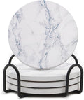 LIFVER Absorbent Coaster Sets of 4, Drink Coasters with Holder, White Marble Style Ceramic Drink Coaster for Tabletop Protection, Suitable for Kinds of Cups and Wooden Table, Cool Home Decor, 4 Inches