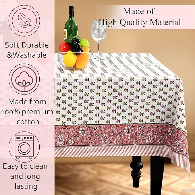 CPC Rosette Bloom Tablecloth 100% Cotton 80x120 Inch Indian Block Print Rectangle Table Cover, Table Cloth for Gifting in Weddings, Halloween, Fall, Christmas, Thanksgiving