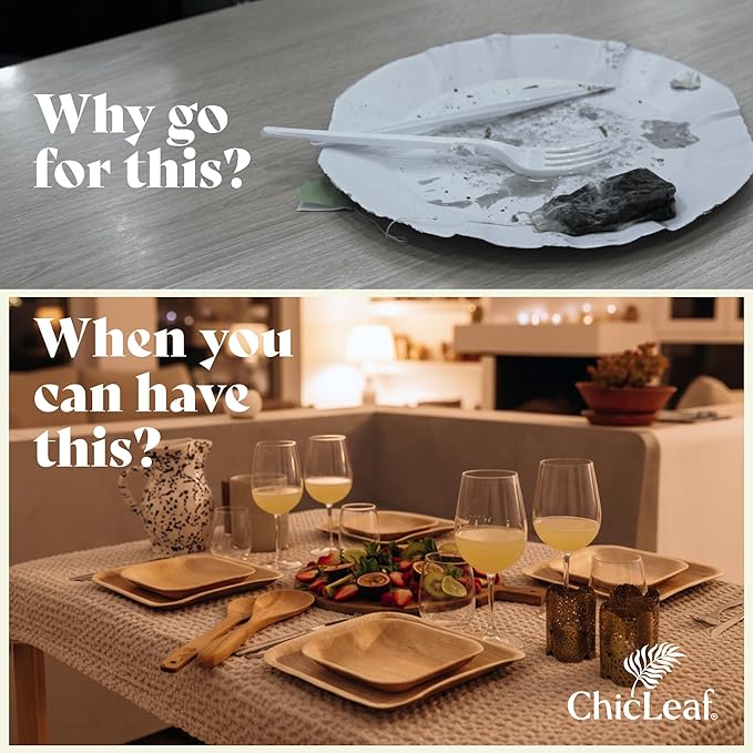 Chic Leaf Palm Leaf Disposable Bamboo Plates – Square, Biodegradable & Compostable Party Plates for Weddings, Parties & Events, Romantic Table for Valentine's Day Dinner (10", 20 Pack)