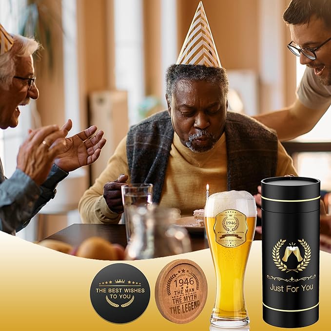 80th Birthday Beer Glasses Gifts, Personalized '1946' Vintage Glass Ware Set for Men, Black Gift Package with Drinking Glass, Coaster, and Card for 80 Years Old Man