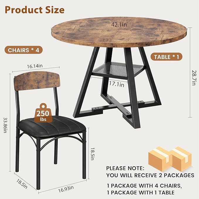 Round Dining Table Set for 4, Kitchen Table and Chairs for 4, Circle Table Round Pedestal Dining Room Dinner Dinette Table Set,5 Piece Space Saving Wood Kitchen & Dining Room Tables (Vintage, 42In)