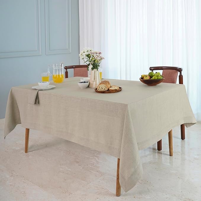 D'Moksha Homes Natural Linen Tablecloth 60 x 156 Inch - 100% Pure Linen Tablecloth for Rectangle Tables - Machine Washable Table Cloth for Valentines, Spring, Easter