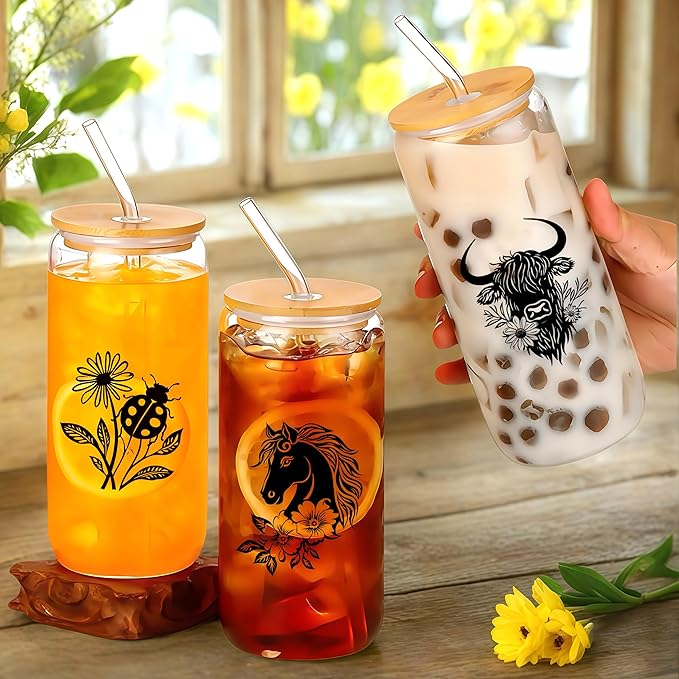 Cute Ladybugs Glass Cup With Lids And Straws, Ladybugs Gift For Women, Iced Coffee Cup, Iced, Coffee, Smoothie, Cocktail, Beer, Whiskey, Soda, Matcha,16 Oz, Home Office Table Desk Decoration!