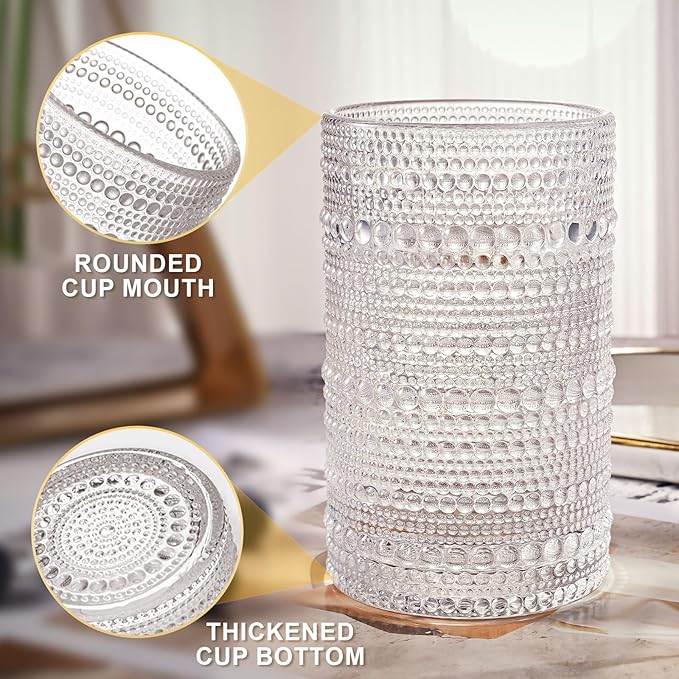 hobnail drinking glasses Highball Glasses Set of 4 12oZ Embossed Vintage Drinking Water Cocktail Whiskey Beverages Juice Milk Soda Gift for Men Women