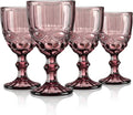 Joeyan Purple Vintage Wine Glasses,Clear Water Goblet Glasses,Stemmed Drinking Glasses with Embossed Pattern,Colored Glassware Set for Wedding Party Banquet Feast,10 oz,Set of 4,Dishwasher Safe