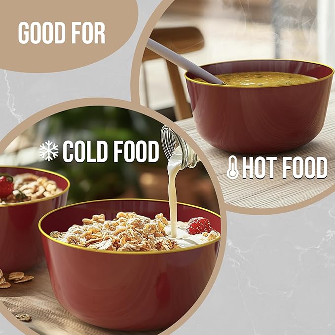 Trendables 24 oz Plastic Bowls Set - Fancy Serving Bowls - Perfect for Ice Cream, Salad, Candy - Disposable (10, Burgundy Gold Rimmed)