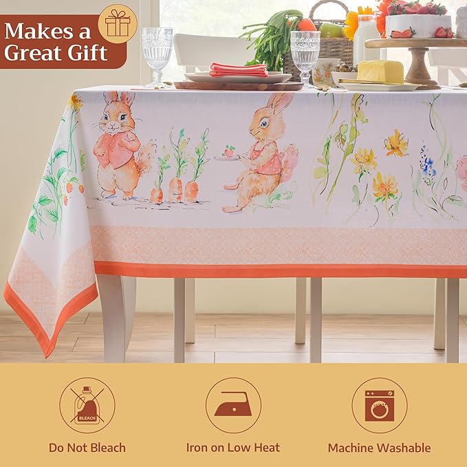 Maison d' Hermine Table Cloth Rectangle Table 100% Cotton 60 x 120 Inches Tablecloth Reusable Decorative for Dining Room Farmhouse Home Valentines Day Decorations Spring Summer - Bunny Party